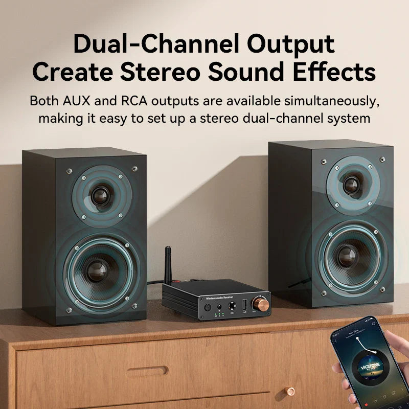 Black glossy active speakers with teal drivers flank a compact black bluetooth 6.0 audio receiver for hifi lossless music karaoke usb u-disk use