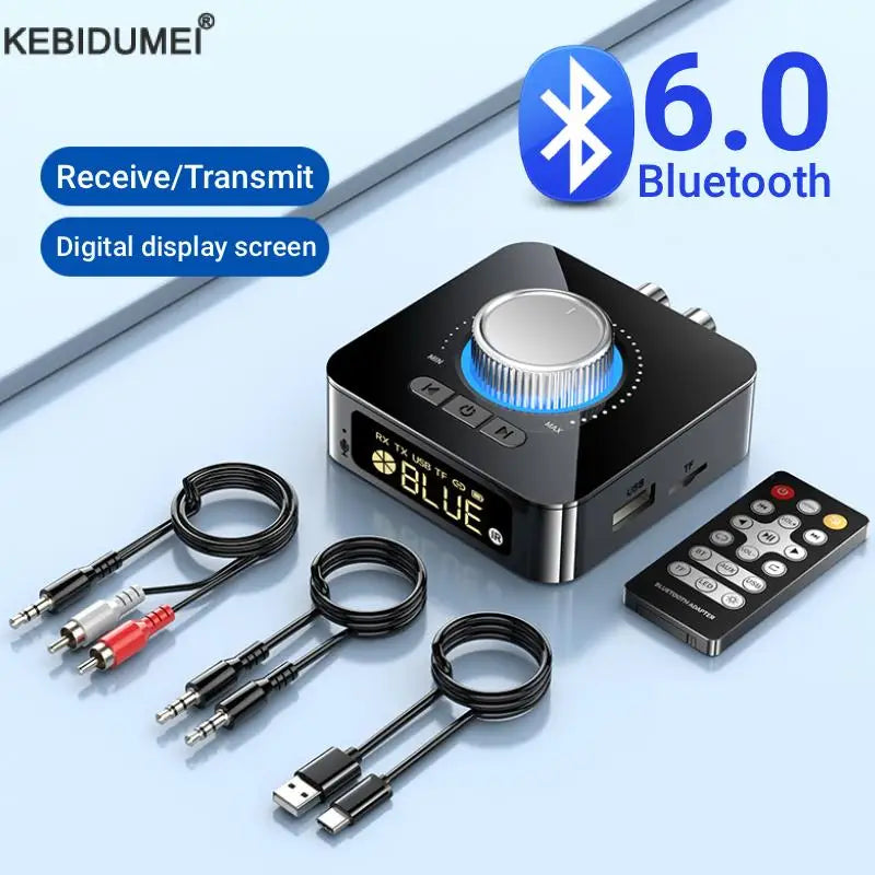 Black kebidumei bluetooth 6.0 audio receiver with silver rotary dial and display for jack music wireless car speaker headphone amp
