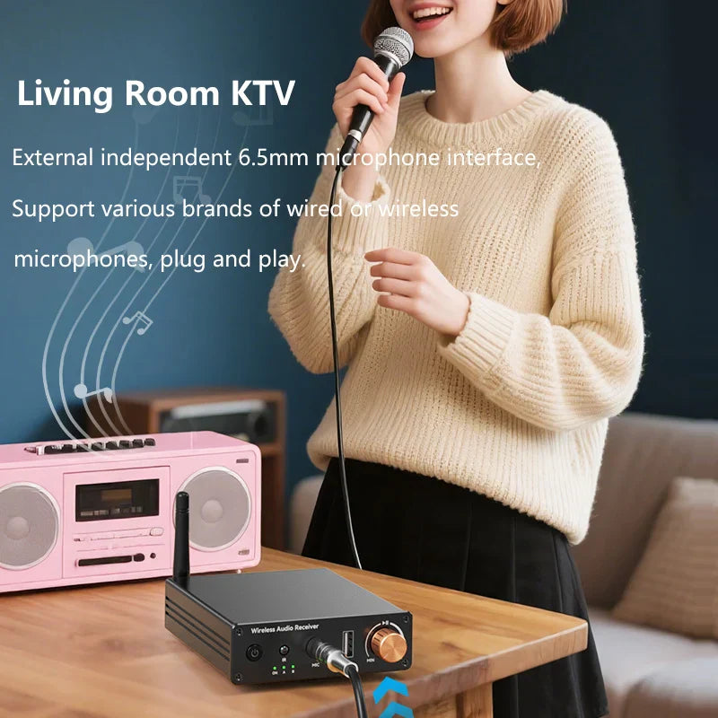 Black bluetooth 6.0 audio receiver with gold rotary knob and multiple ports for karaoke wireless music and speaker car use