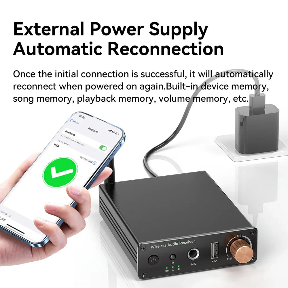 Black bluetooth-compatible 6.0 music wireless adapter with copper volume knob and usb port for powered speakers amplifiers and microphone music wireless use