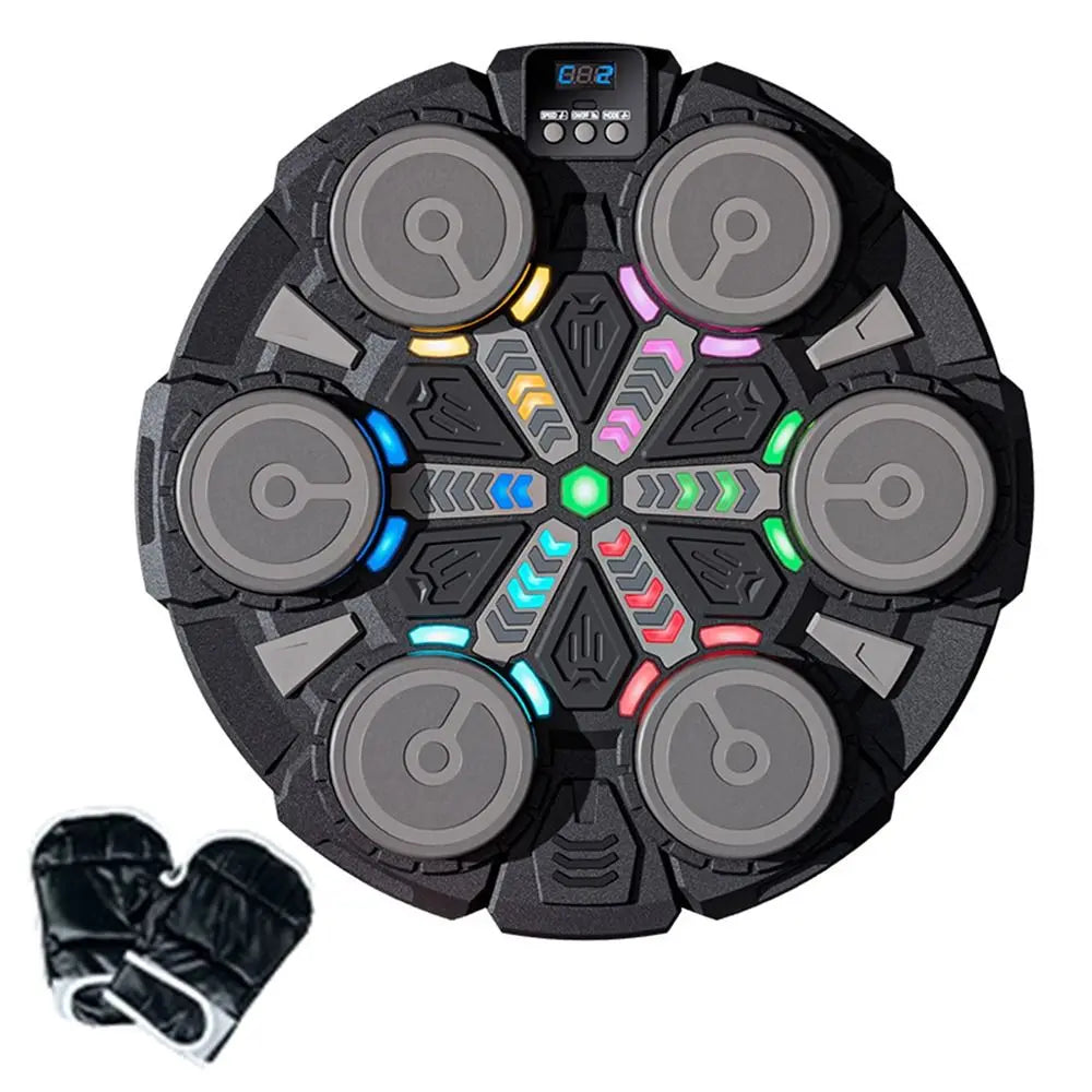 Black circular smart music boxing machine with six gray pads starburst led lights and adjustable reaction training features