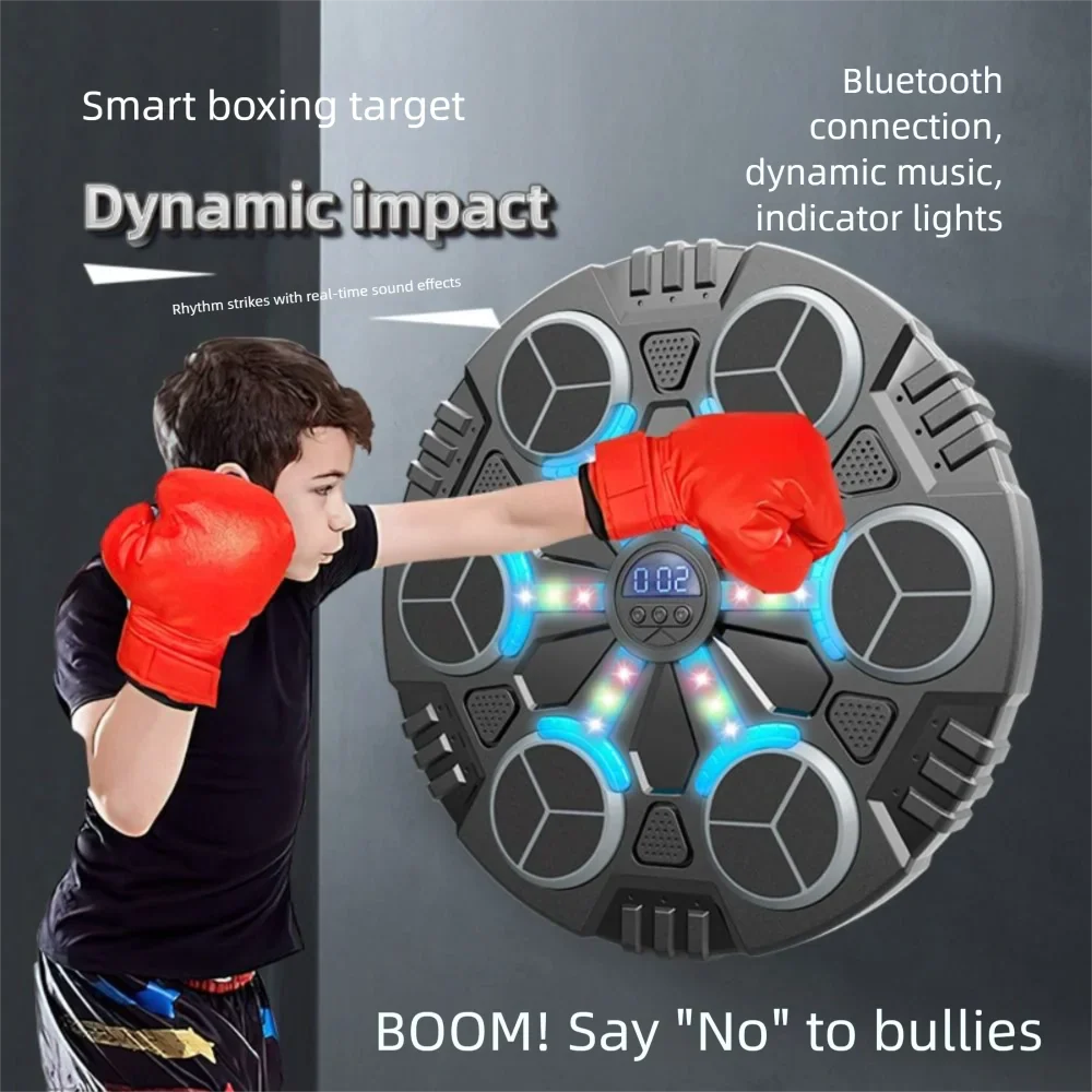 Gray circular smart music boxing target with blue led lights, digital display, and six sensor zones for impact feedback