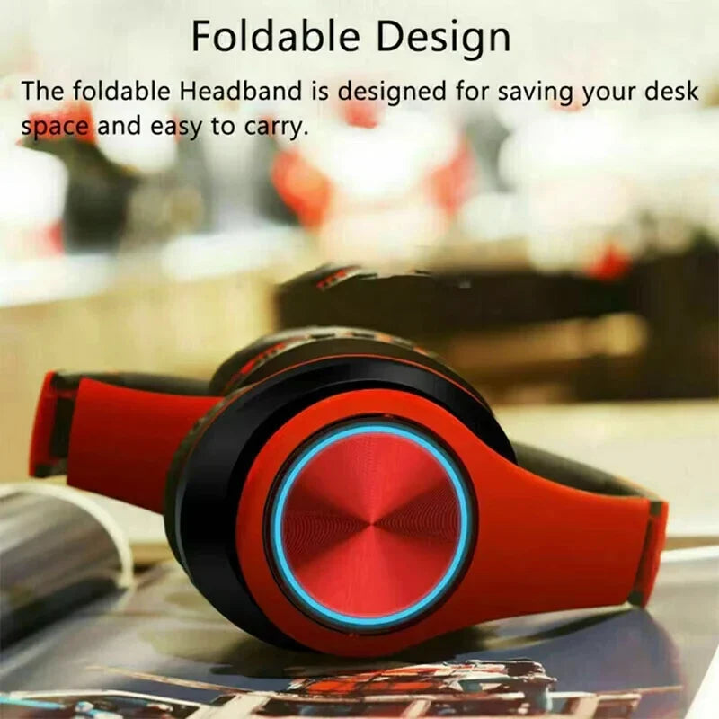 Red and black foldable bluetooth headphones rgb with blue led ring featuring noise cancellation ear stereo hifi design