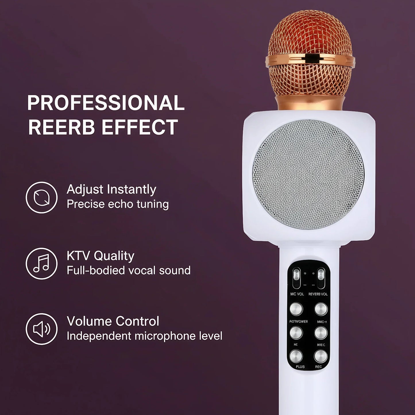 Gold mesh bluetooth karaoke microphone with white body, control buttons, portable speaker wireless with magic voice changer