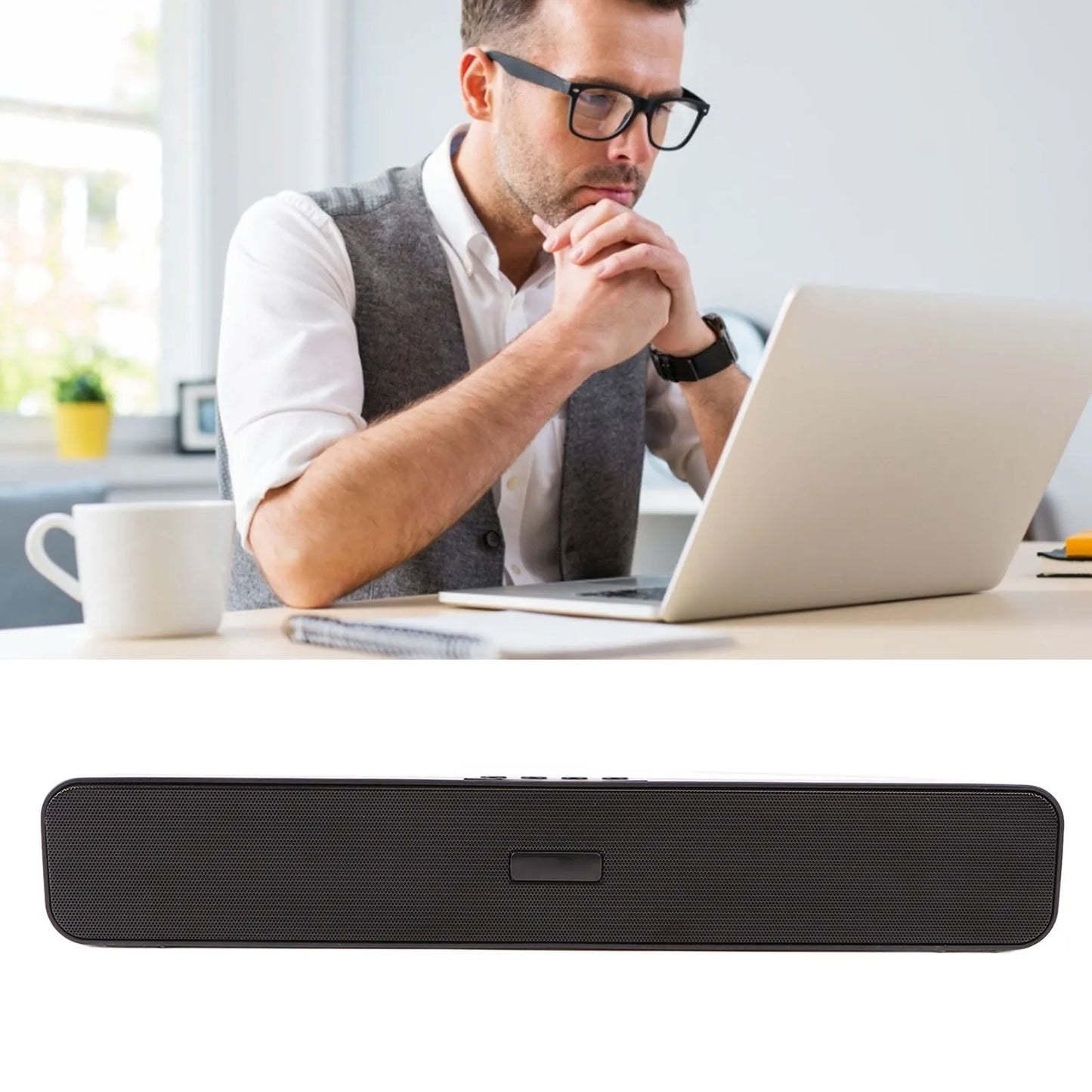 Black fabric-covered wireless bluetooth soundbar with central control button featuring noise reduction surround sound 1200mAh battery