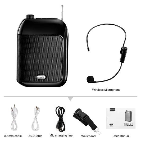Black a-port bluetooth uhf wireless voice amplifier portable with compact speaker and headset for teaching lecture tour use