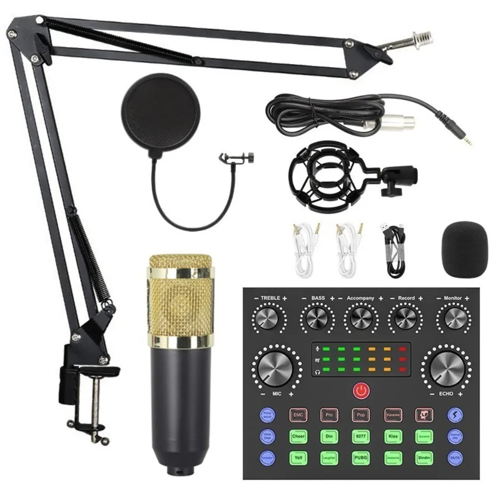Black and gold bm800 condenser microphone with mesh grille mounted on adjustable arm stand for audio mixer streaming