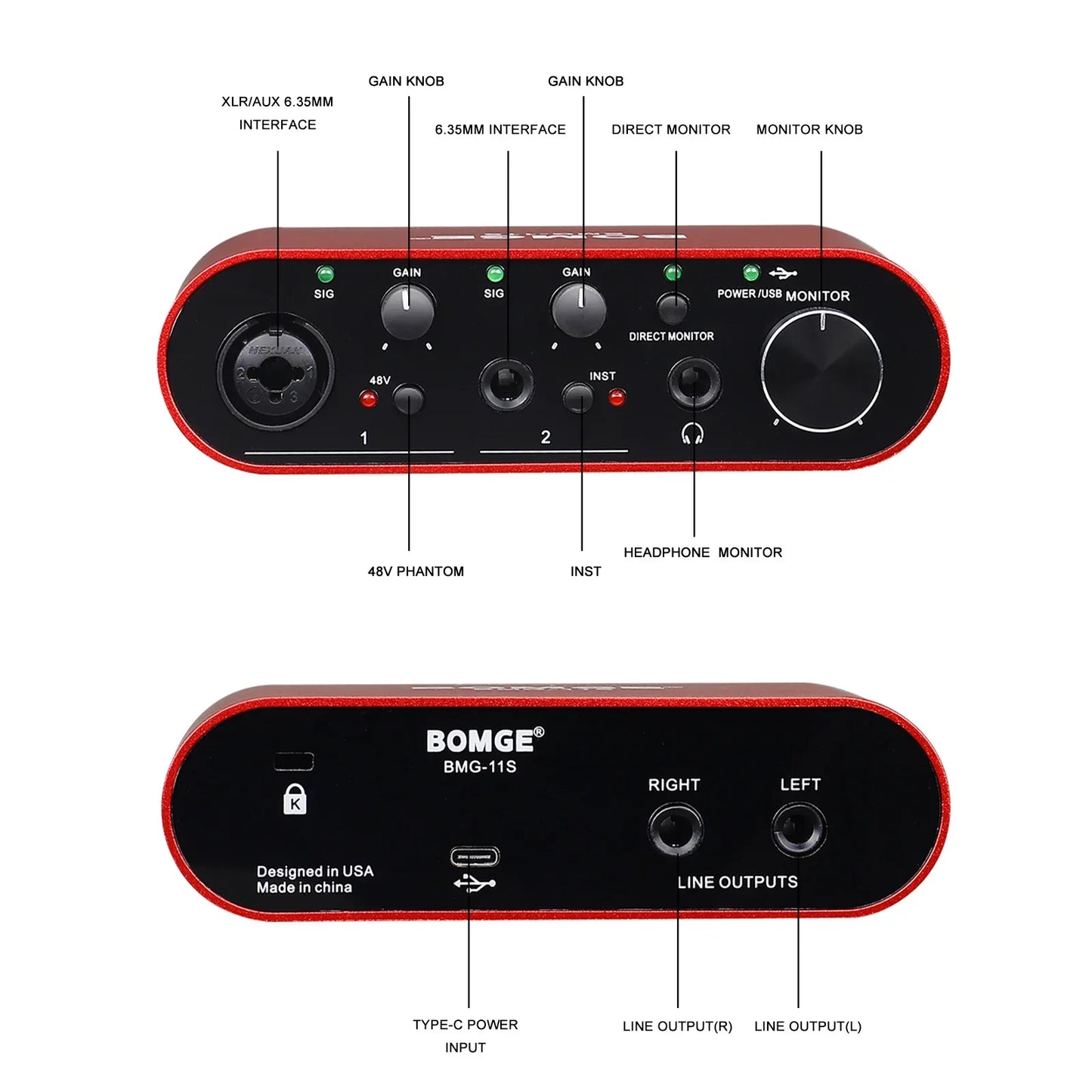 Red and black bomge bmg-11s audio interface with sleek oval design featuring 192khz professional sound and monitor headphones amplifier ports