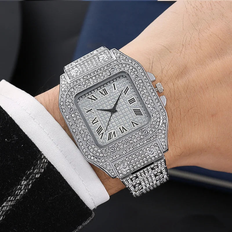 Silver diamond-encrusted square-faced watches stylish alloy strap with roman numerals matching hip hop diamond bracelet