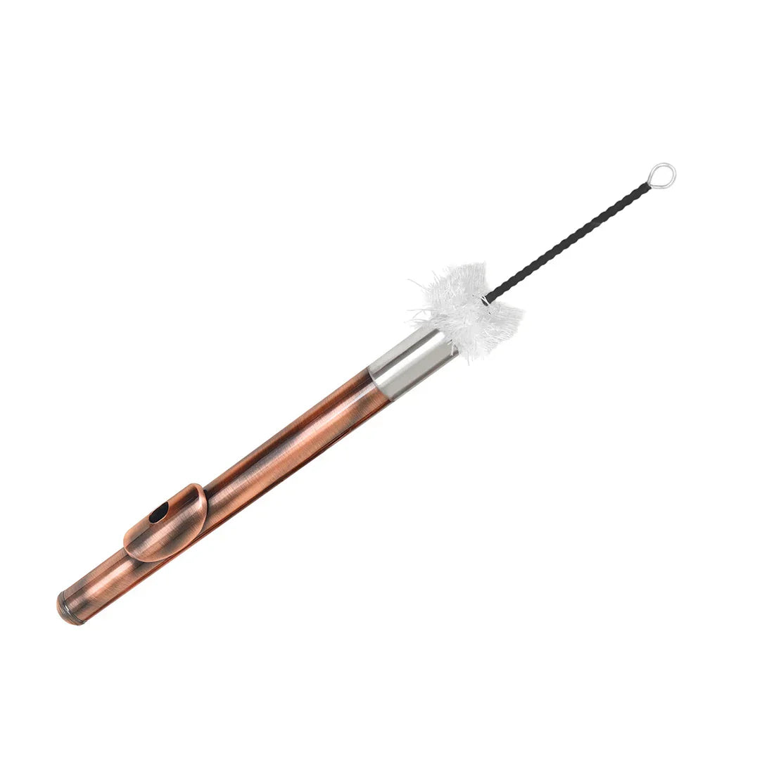 Copper-colored brush saxophone clarinet cleaning brush with white bristle head and black cord for alto sax flute piccolo