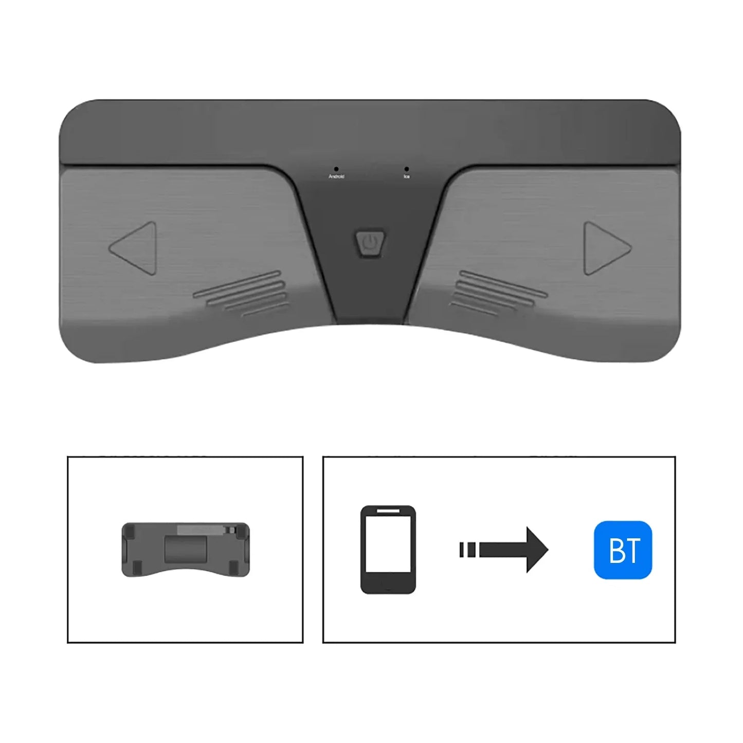 Gray ergonomic wireless music pedal with built-in bluetooth and directional buttons for electronic music sheet flipping