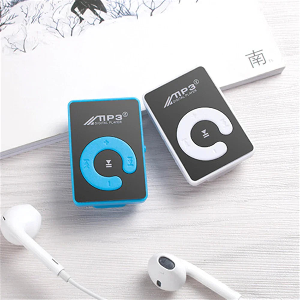 Two compact c key portable hifi mini clip usb mp3 players in vibrant blue and black with micro tf card support up to 16gb