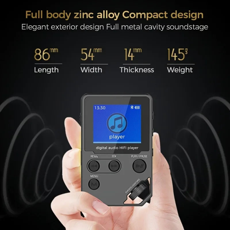 Compact black 8gb lossless bluetooth mp3 music player with zinc alloy body and full metal cavity soundstage