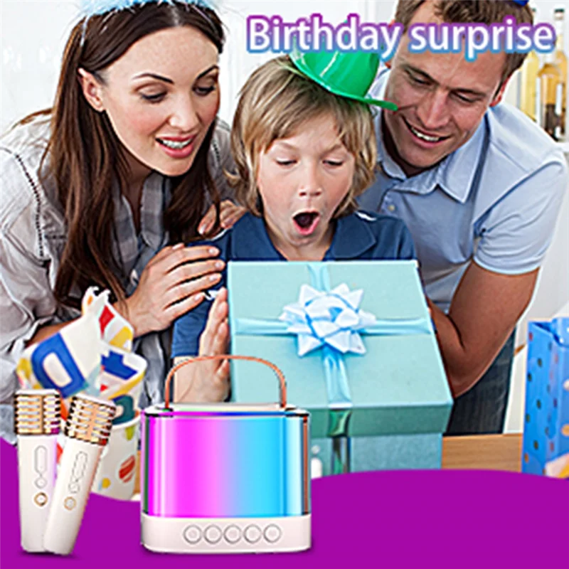 A cabe-karaoke machine portable with bluetooth microphones features a sleek rectangular speaker with a pink to blue gradient and white base supports aux for kids and adults