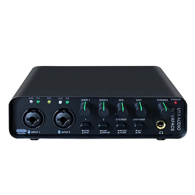 Black sound card audio interface with two xlr inputs gain knobs and 3.5mm jack for function electric guitar live recording