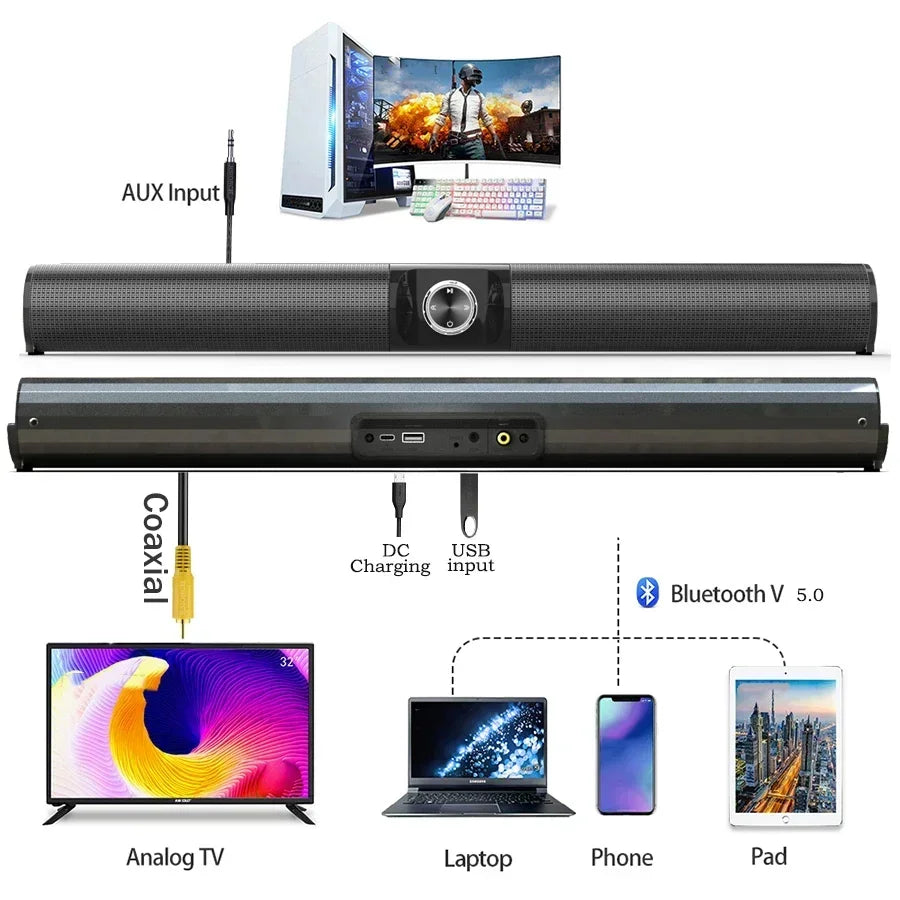 Black rectangular som bs55 100w home theater soundbar with central control knob usb dc aux and bluetooth v5.0 ports