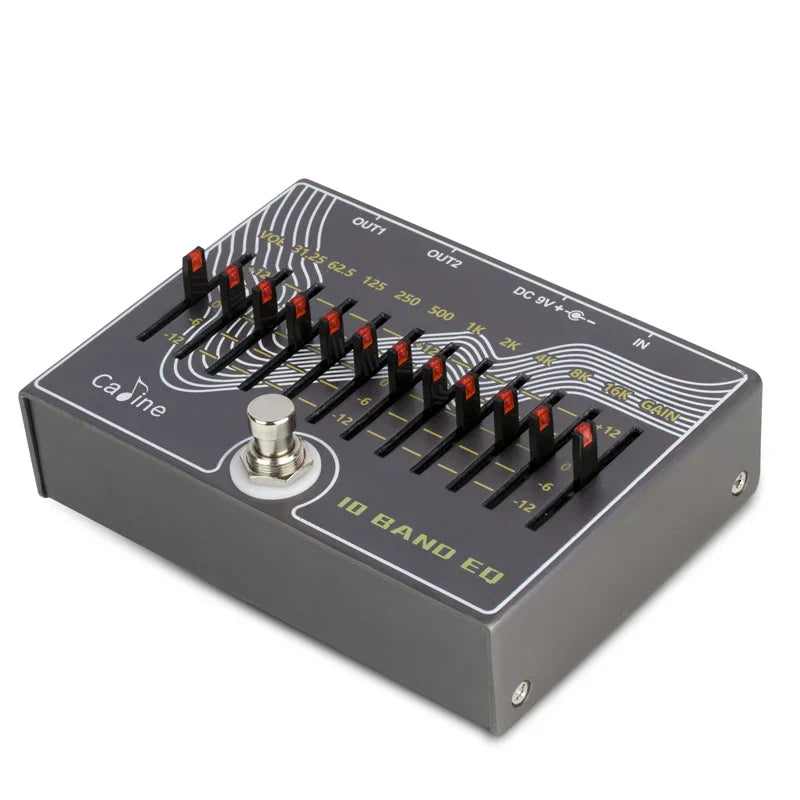 Black Caline CP-81 10 band EQ guitar pedal with true bypass design featuring red knobs and silver footswitch