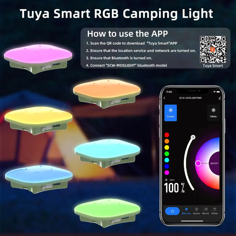 Tuya smart rgb led tent camping lantern with flat light green casing rechargeable 80w music sync rgb outdoor light