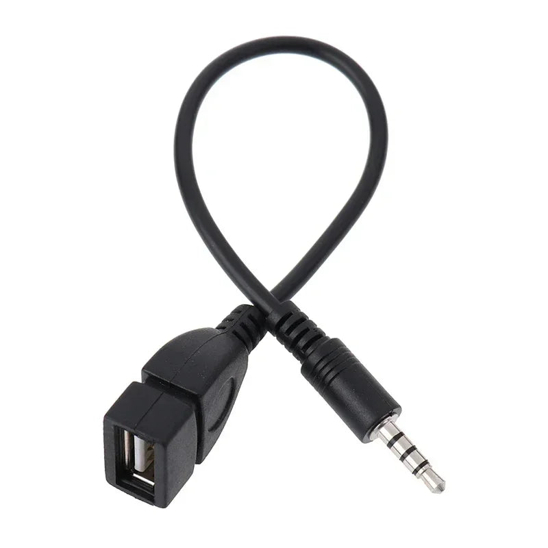 Black otg adaptor cable car audio cable with flexible plastic housing for usb mp3 playback and 3.5mm aux connection