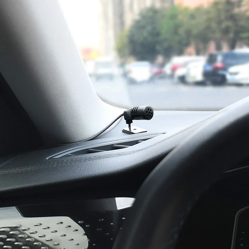 Black mini wired external microphone with perforated grille and 3.5mm clip jack for auto dvd radio use