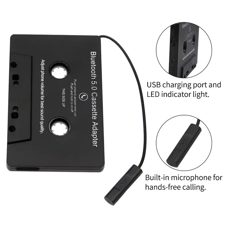 Black bluetooth 5.0 cassette adapter with microphone 6h music time and usb charging port for smartphone cassette adapter use