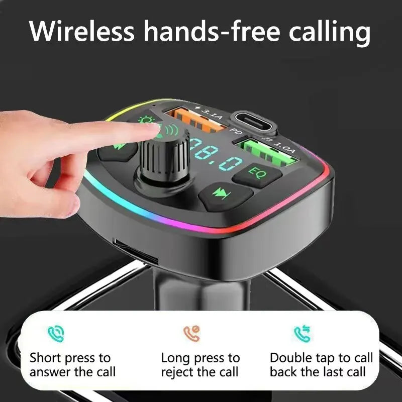Black wireless car charger fm transmitter with dual usb port pd mp3, rainbow led, and eq buttons for audio control