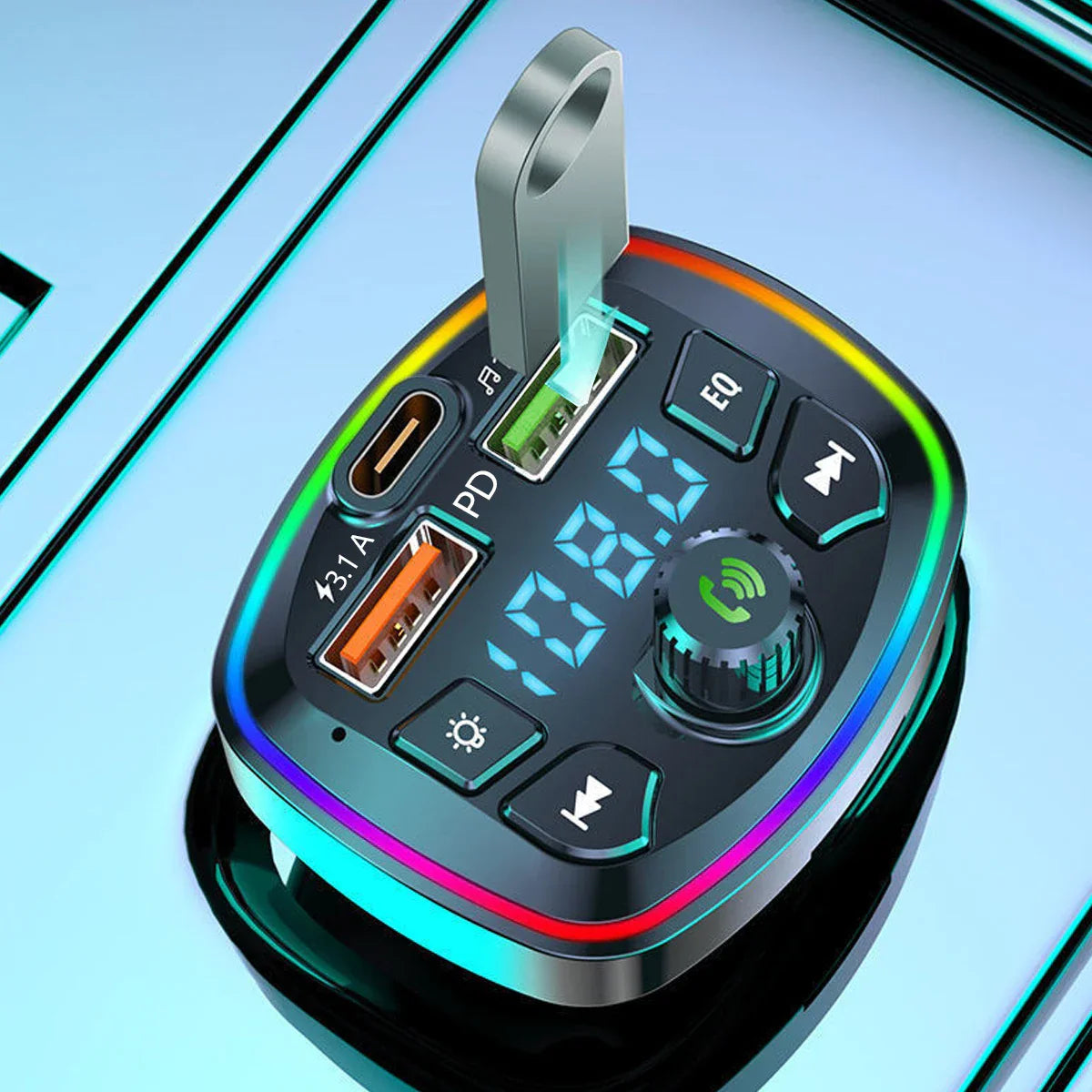 Black car radio modulator with rgb lighting, multiple usb quick charge ports, digital display, and handsfree transmitter controls