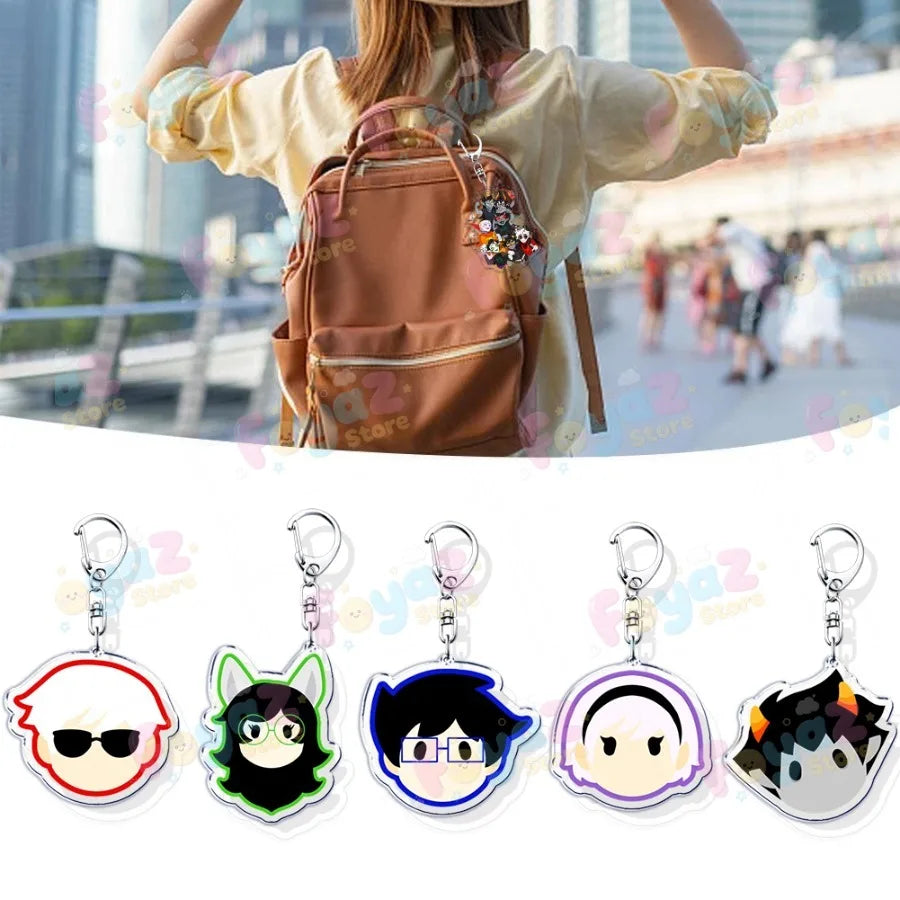 Set of five cartoon homestuck keychain face charms dave strider and karkat gamer keyrings with colorful acrylic outlines
