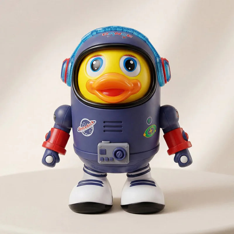 A cheerful yellow duck wearing a blue astronaut suit with red accents is a musical interactive educational toy