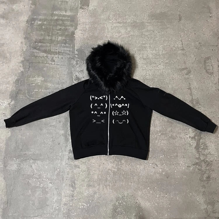 Black zip-up hoodie with fluffy faur collar harajuku fur-lined hood and white embroidered emoticons for punk emo y2k style