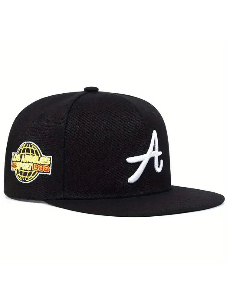 Black snapback baseball cap with punk letter embroidered white a logo and vintage los angeles airport 1983 patch, breathable sun protection
