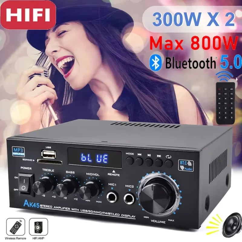 Black digital amplifier ak45 stereo with usb, sd mmc, fm bluetooth 5.0 and digital display showing blue for home car use