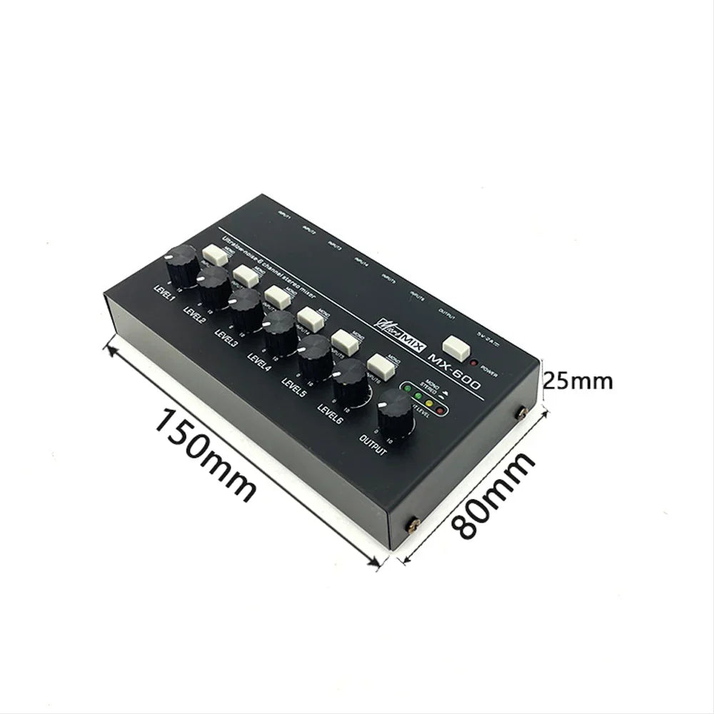 Black rectangular professional sound mixer fuluode with six level knobs, output knob, switches, and green power light