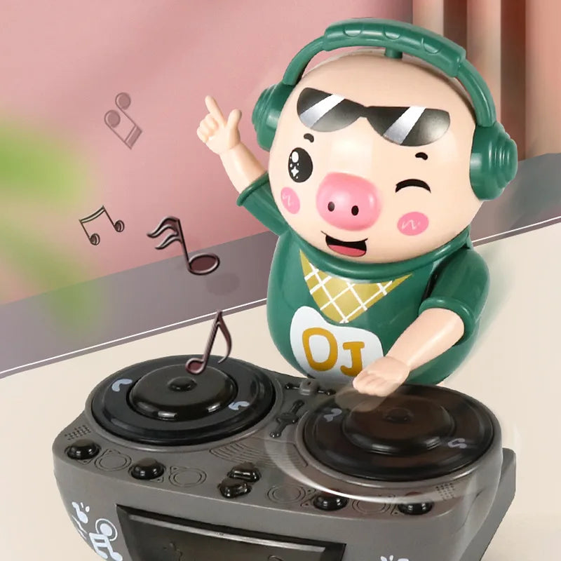 Green pig rock dj figurine wearing headphones and sunglasses behind gray turntable pig electric toys with lights music toys