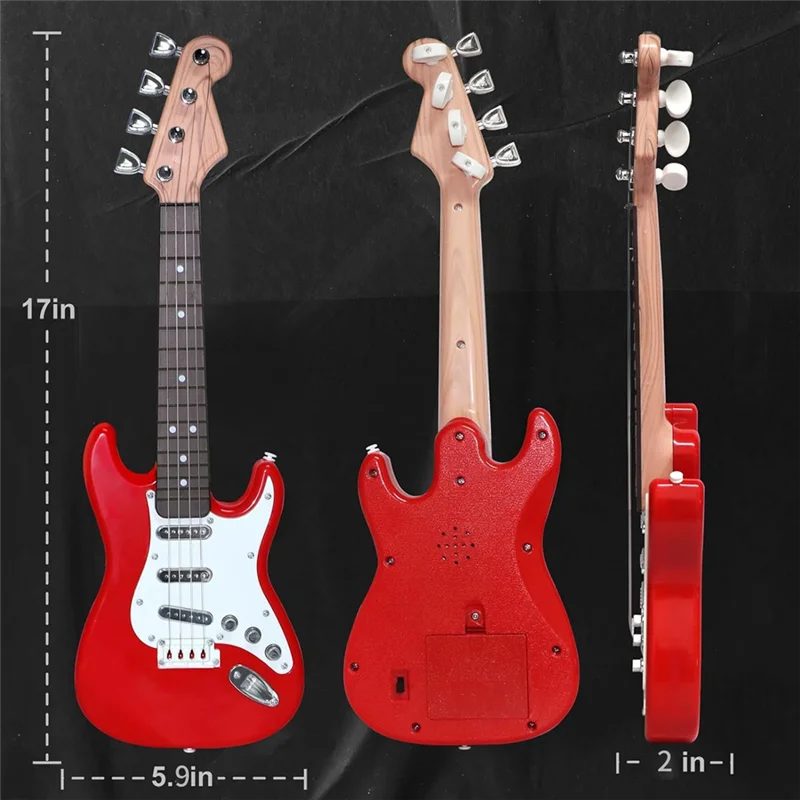Red plastic toy electric guitar with white pickguard and silver hardware for portable children’s musical instrument toys