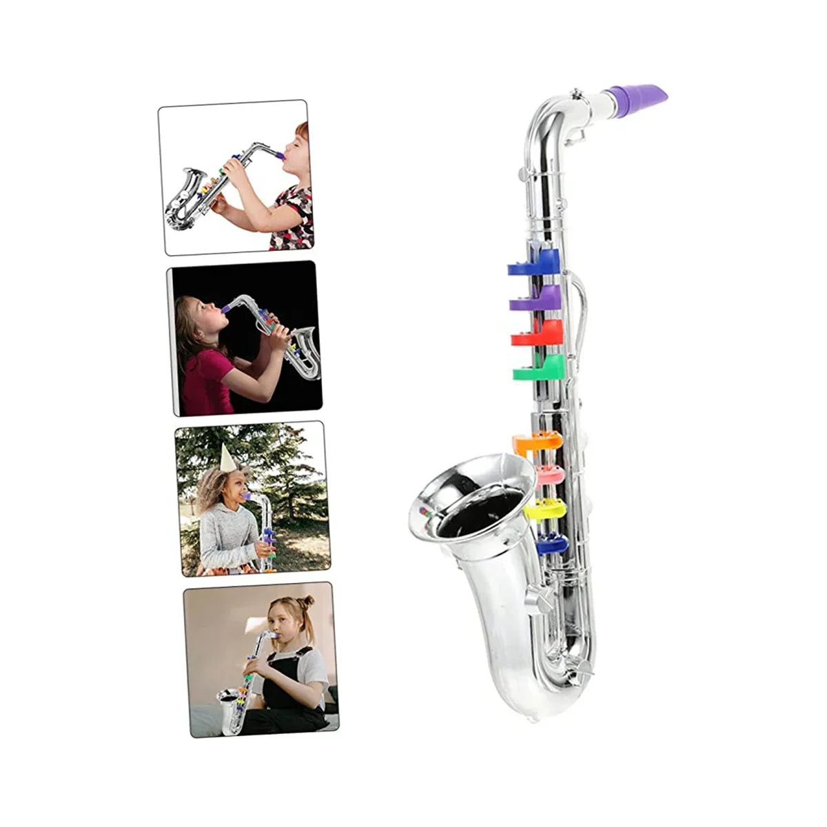 Children’s shiny silver toy saxophone with rainbow-colored keys and purple mouthpiece for saxophone music toys and toys brass instruments