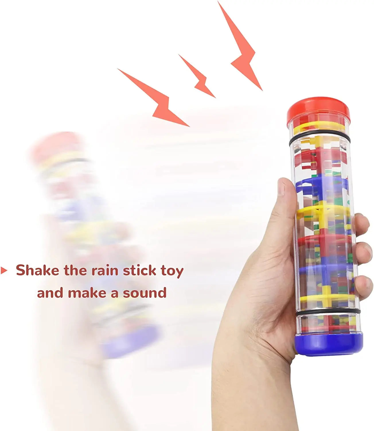 Colorful transparent kids rain rattle toy with red top blue bottom and rainbow spinning parts for shaker rainmaker music