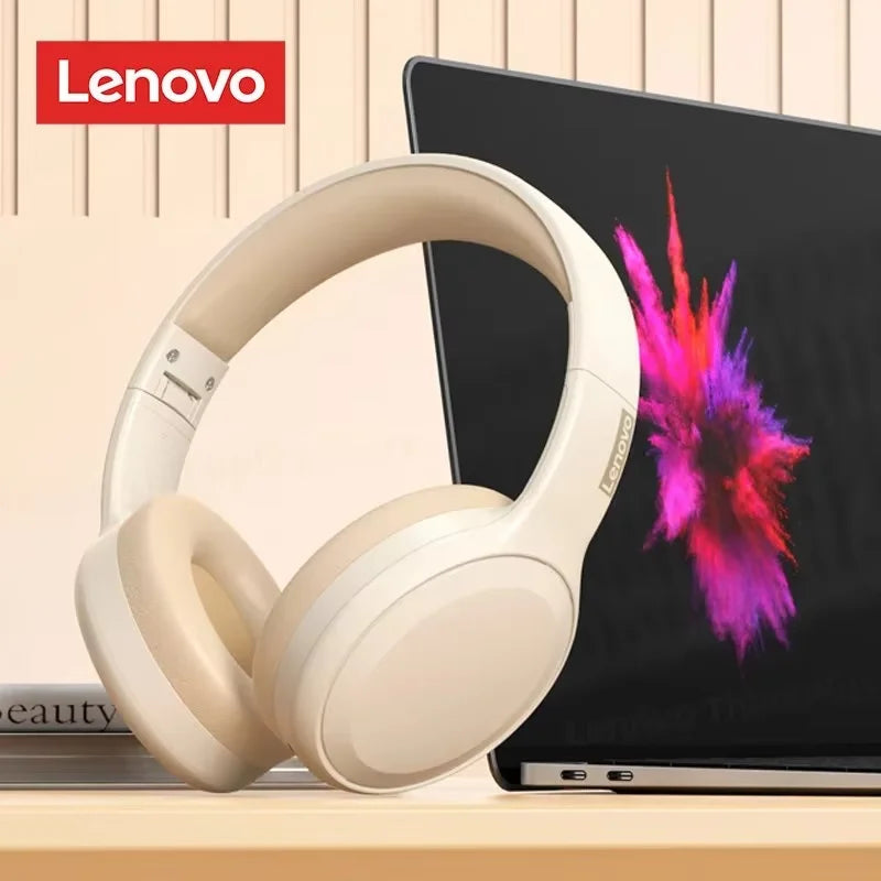 Beige lenovo th30 wireless bluetooth hifi stereo headphones with soft padded earcups and foldable design for sport use