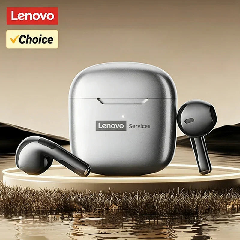 Silver choice lenovo wireless bluetooth earphones enc with black stems function button and metallic charging case for gaming