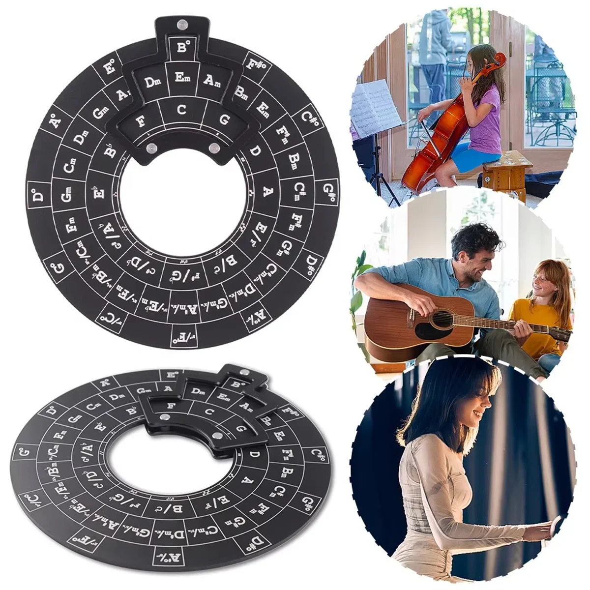 Black circular wooden guitar chord wheel with white lettering and key signatures for music theory and melody tool use