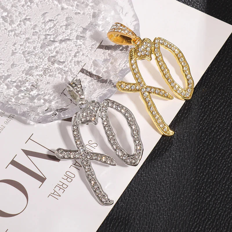 Two sparkling xo letter pendants in gold and silver with cubic zirconia classic hip hop necklace for rap party jewelry