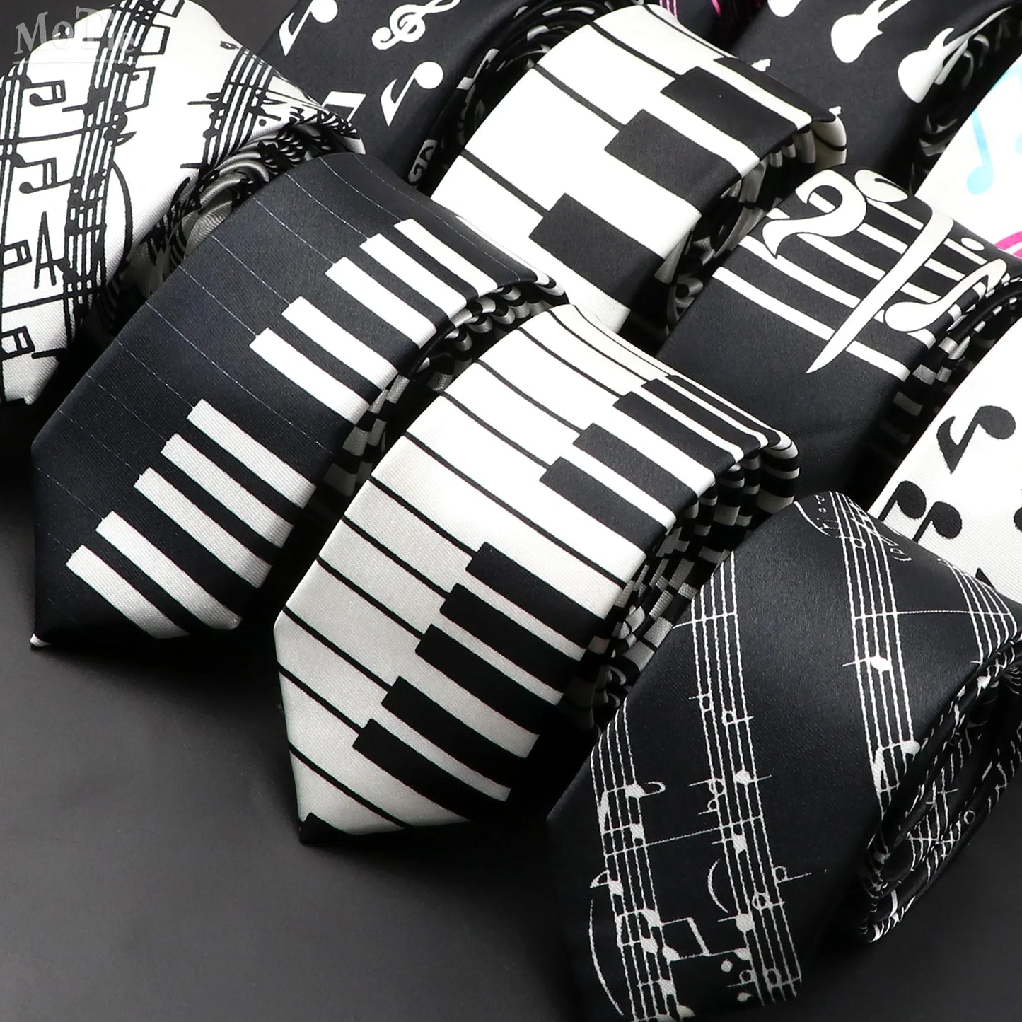 Black and white classic musical notes printed silky narrow neckties with piano key and musical note designs unisex gift