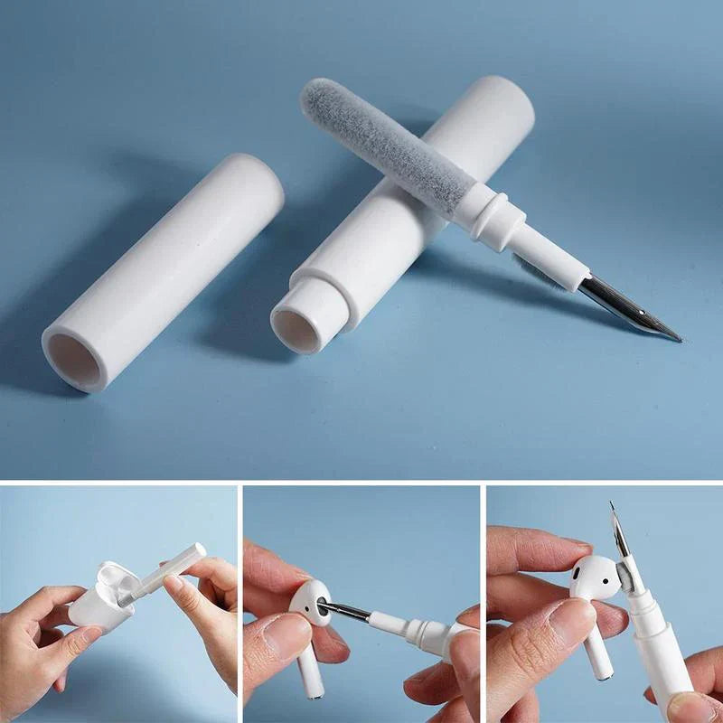 White plastic cleaner kit earphones cleaning pen with soft brush and metal tip for precise earbuds cleaning tools
