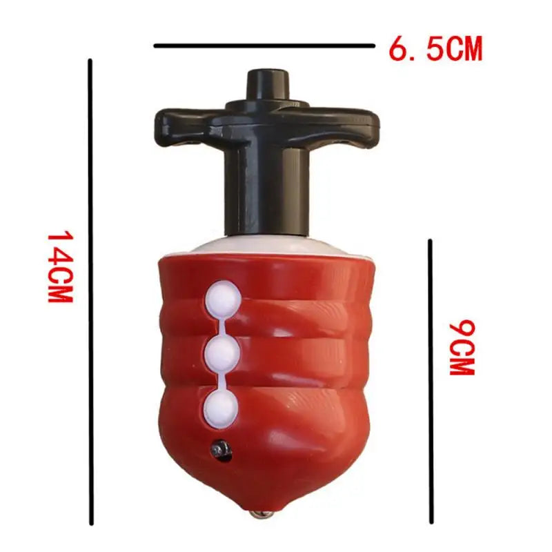 Red plastic colorful flash led laser music spinning top with black handle and white accents for kids and christmas play