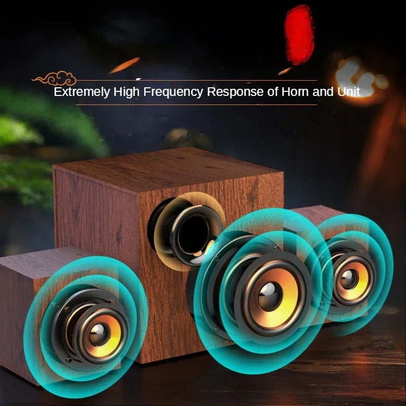 Wooden cube-shaped loudspeaker active living room with warm brown finish and yellowish-orange cone drivers for large volume professional use