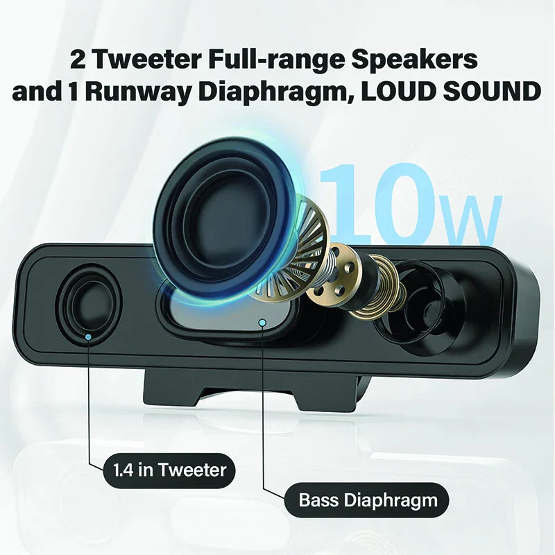 Black rectangular desktop computer mini speaker u24 with two 1.4 inch tweeters and blue glowing audio usb interface accents