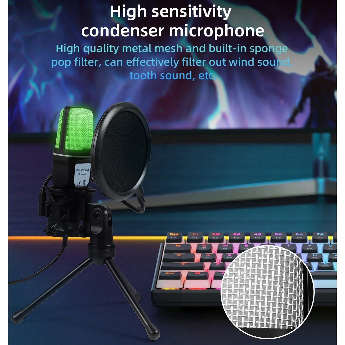 Black gaming condenser microphone with glowing green mesh grille and pop filter for computer professional live streaming podcast use