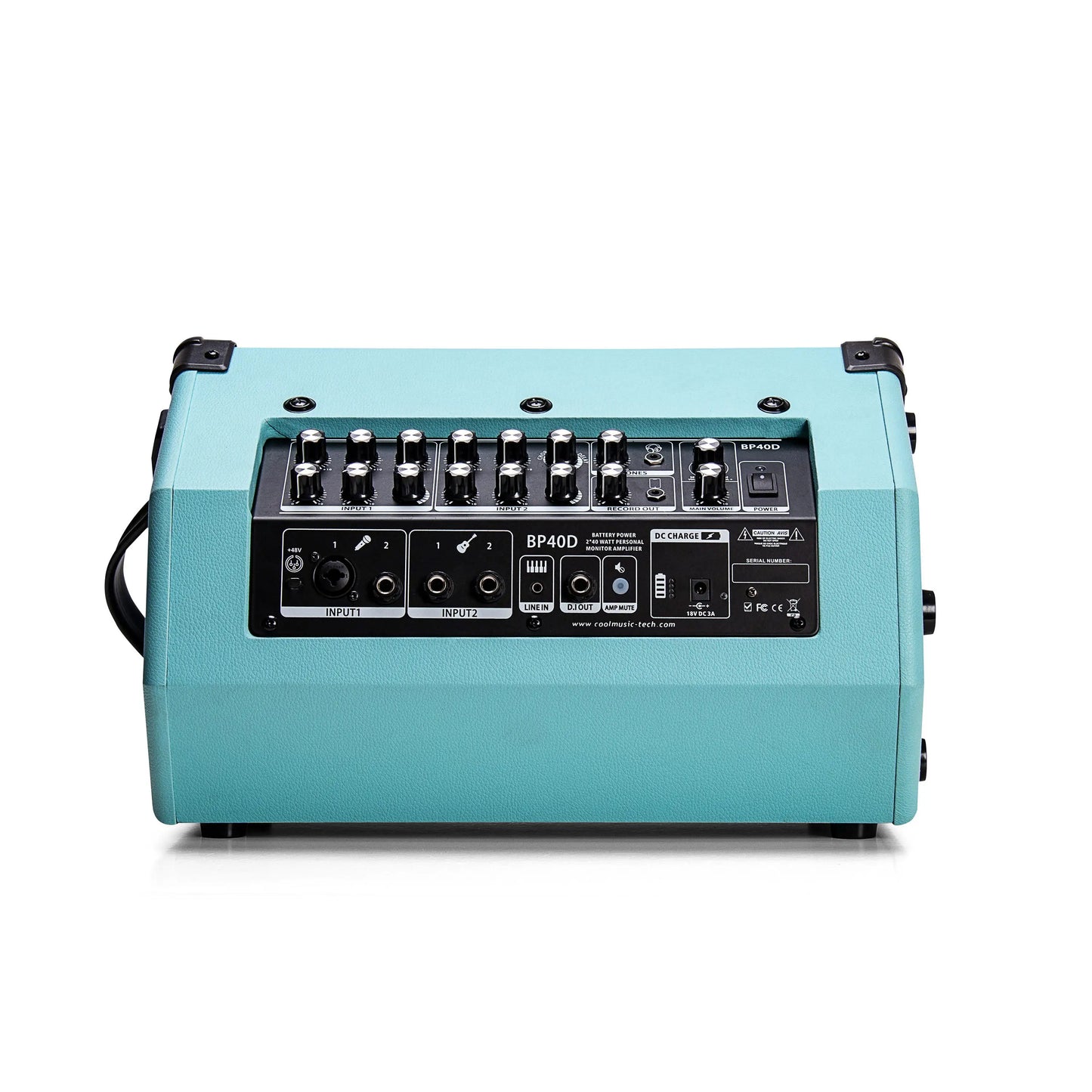 Teal textured coolmusic bp40d powered acoustic guitar amplifier with black control panel microphone rechargeable 80w ports