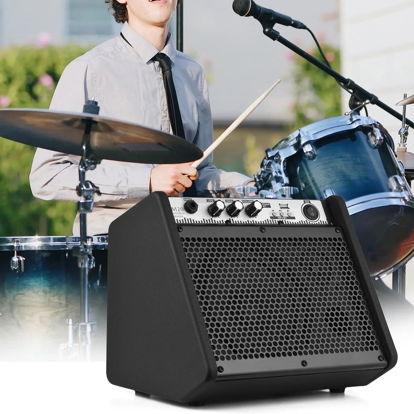 Black coolmusic dm20 20w electric drum amplifier with perforated grille control knobs usb mp3 player function