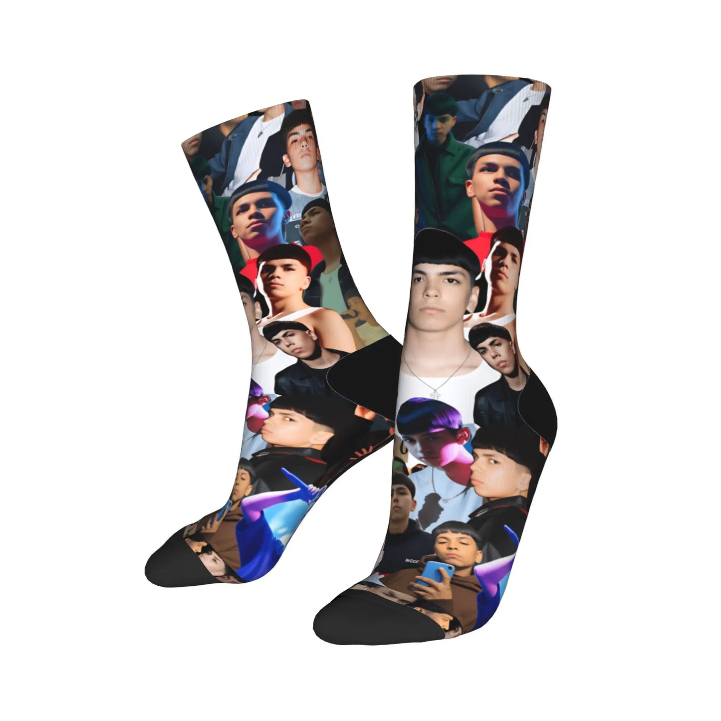 A pair of black anti skid soft crew socks with a vibrant milo j music autumn leisure graphic print collage